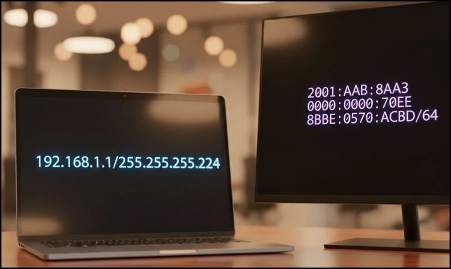 A laptop showing an IPv4 address and a monitor showing an IPv6 address