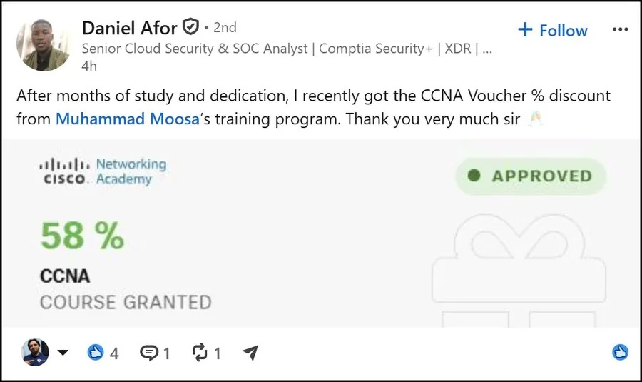 LinkedIn post by Daniel Afor showing his approved 58% CCNA voucher from Cisco Networking Academy