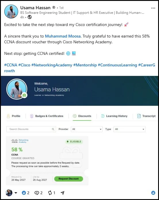 LinkedIn post by Usama Hassan showing his eligible 58% CCNA discount voucher from Cisco Networking Academy